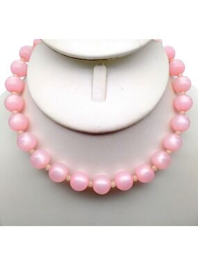 Vintage Moonglow Bubble Gum Necklace, Pretty Pastel Pink Beads Strand, Choker